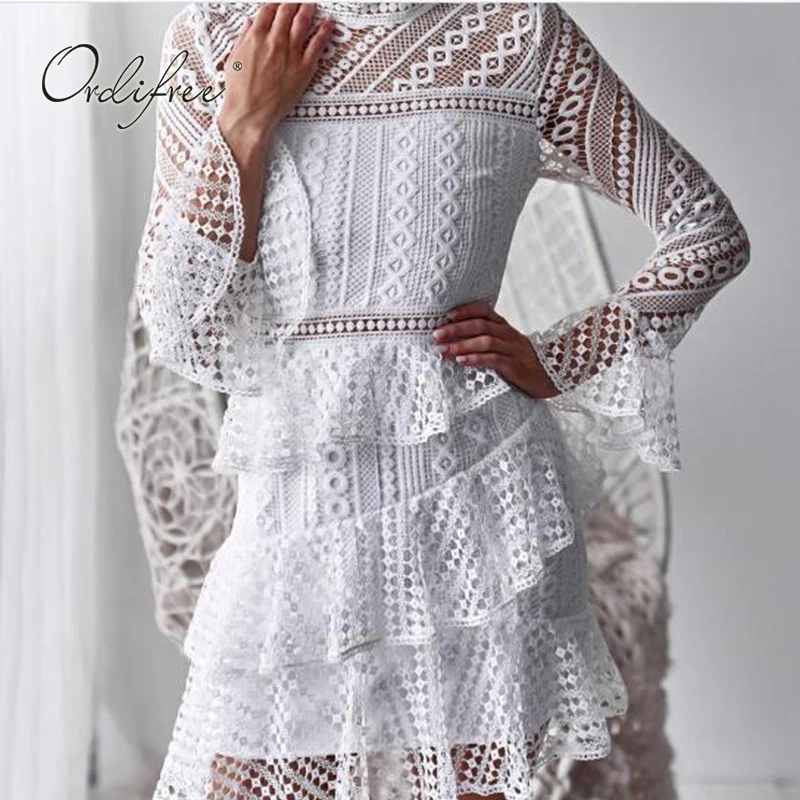 

Ordifree 2019 Summer Autumn Women White Lace Dress Long Sleeve Hollow Out Black Sexy Crochet Elegant Lady Party Dress