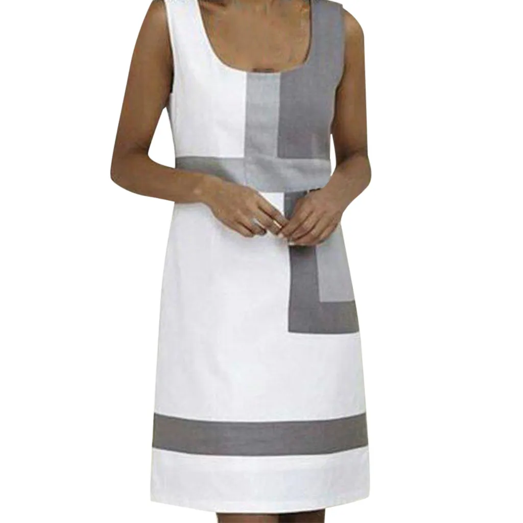 

FREE OSTRICH Casual Women O-Neck Dress Shift Geometric Print Dress Plus Size Bandage Slim Fit OL Style Sleeveless Lady Workwear
