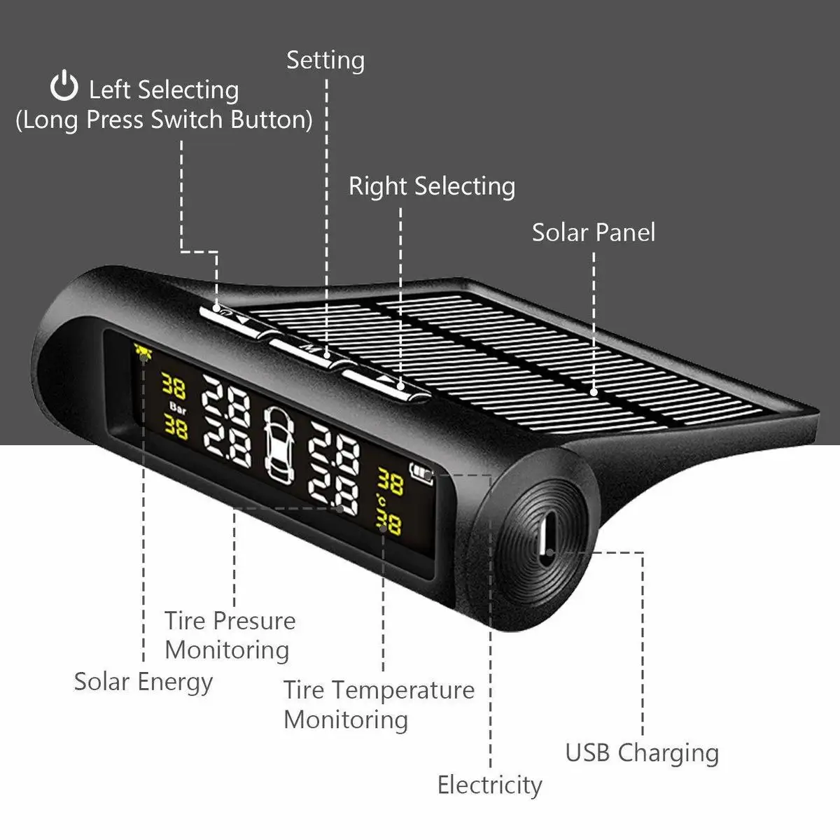 Smart Car TPMS Tyre Pressure Monitoring System Solar Power charging Digital LCD Display Auto Security Alarm Systems Smart Car TPMS Tyre Pressure Monitoring System Solar Power charging Digital LCD Display Auto Security Alarm Systems
