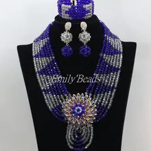 Ручной работы Серый Кристалл женские ожерелья костюм ювелирный набор Королевское голубое нигерийское свадебное Африканский бисер ювелирный набор AMJ637
