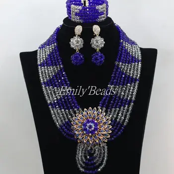 

Handmade Grey Gray Crystal Women Necklaces Costume Jewellry Set Royal Blue Nigerian Wedding African Beads Jewelry Set AMJ637