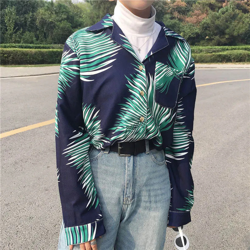 NiceMix Vintage Harajuku Leaves Print Long Sleeve Shirt BF Loose Casual Personality Simple Shirts Coat 2018 Spring New Women Top - 32977787387