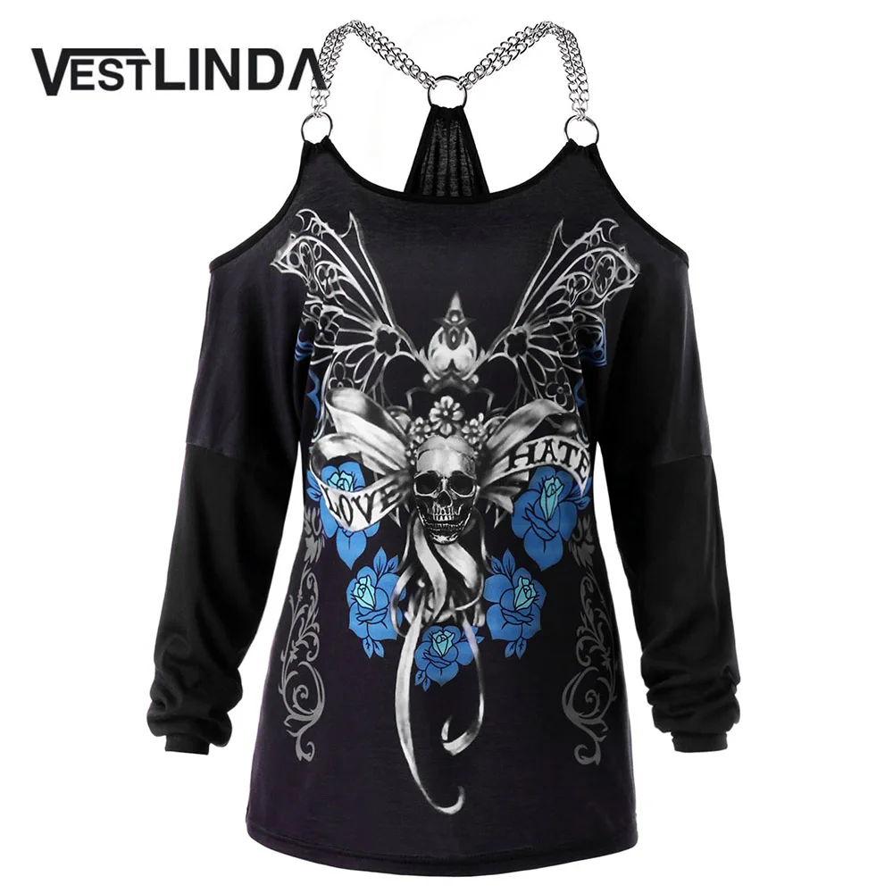 

VESTLINDA Plus Size Chains Embellished Skull T-Shirt Cold Shoulder Tee Women T Shirt Long Sleeve Casual Top Tee Female Clothing