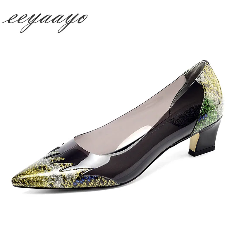 

2019 New Spring/Autumn Genuine Leather Women Pumps Middle Square Heel Pointed Toe Sexy Ladies Women Shoes Yellow High Heels