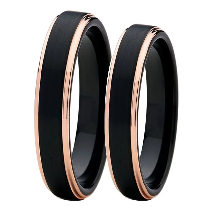 Soul Men 1 Pair 4mm Men's & Women's Black with Rose Gold Color Tungsten Couple Rings Set Wedding Band Comfort Fit