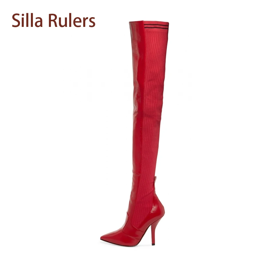 

Silla Rulers 2018 New Winter Pointed Toe Stiletto Heel Thigh High Boots Real Leather With Wool Knit Patchwork Women Long Boots