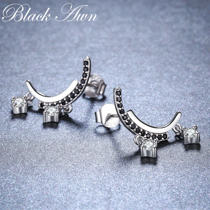 [BLACK AWN] Trendy Silver Color Jewelry Black Spinel Moon Wedding Stud Earrings for Women Female Bijoux I011