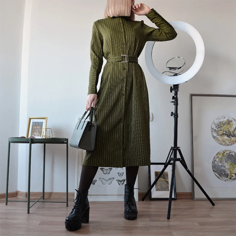 

Vintage Striped Bandage Dress Women 2018 Autumn Winter Long Sleeve Button Shirt Dress High Waist Mid-Calf Office Lady Dresses