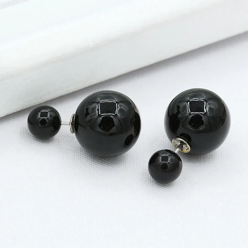 Double Ball Stud Earrings Women Silver Beads Double Pearl Round Earring Two Side Piercing