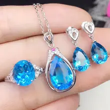 Набор с голубым топазом,, натуральный настоящий голубой топаз, Стерлинговое Серебро 925 пробы, 1 шт. кольцо, 1 шт. кулон, 1 пара капель серьги# SB18121005