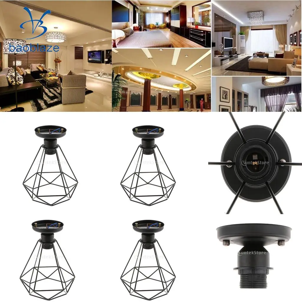 4 Set Vintage Iron Diamond Pendant Ceiling Top Light Cage Lamp Shade