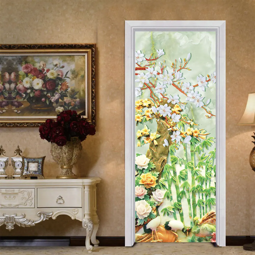 77x200 см 3D наклейки на дверь с изображением павлина для гостиной, спальни, Langscape, виниловые непромокаемые обои, клейкая наклейка для домашнего декора