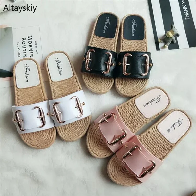 

Summer Slippers Women Summer Sandal Trendy Leather Buckle Home Womens Outdoor Beach Hemp Rope Flat Shoes Leisure Slipper Simple