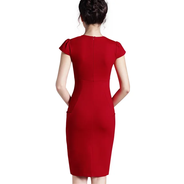 Nice-forever Office Women Vintage Summer Solid Deep V neck Zipper Back Formal Stretch Pencil work Bodycon Pocket Dress 521 3