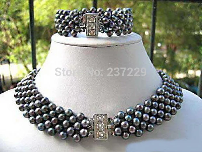 

DD Wholesale price FREE SHIPPING ^5 Rows Real Black Pearl 18KWGP Crystal Clasp Hand Weaving Necklace Bracelet