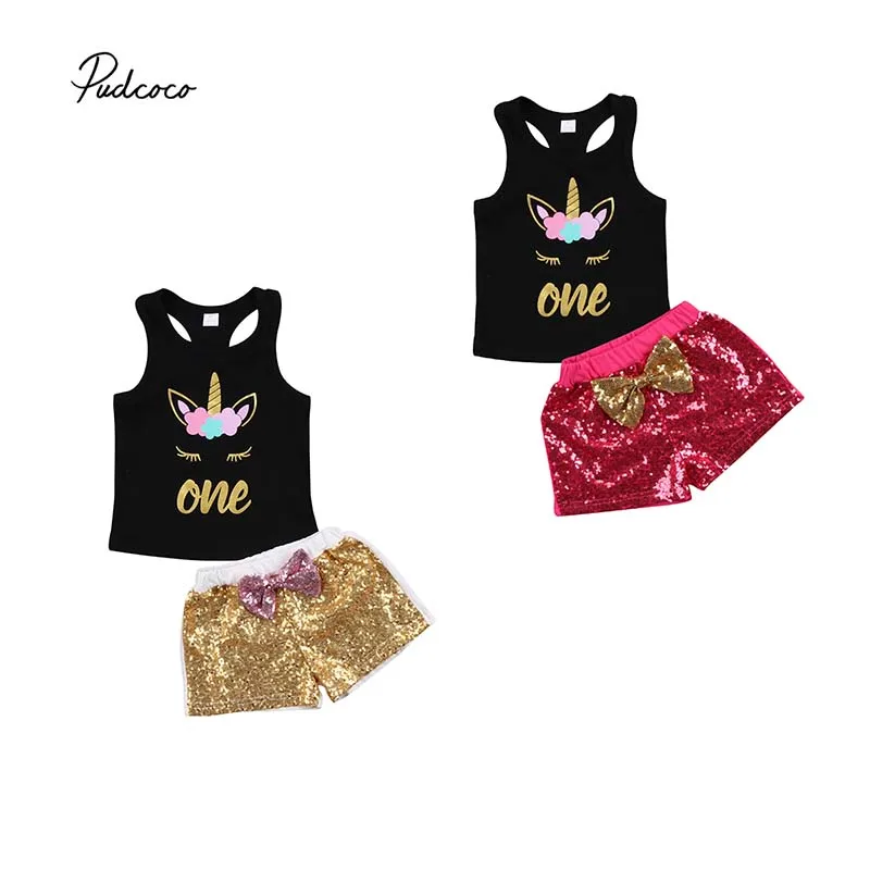 

Pudcoco 2018 Toddler Baby Kids Girl Clothes Set Unicorn Letter Vest T-shirt+Sequins Bow Shorts 2pcs Summer Fashion Outfit 1-6Y