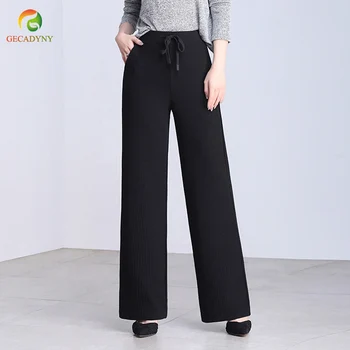 

Women Summer Autumn Knit Trousers Wide Leg Pants Full Length Casual Trousers Elastic Waist Plus Size Pants Female S-3XL