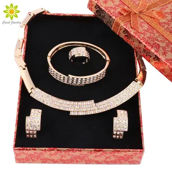 

Crystal Gold Color Necklace Earrings Bracelet Ring Beauty African Jewelry Sets For Women+Gift Boxes