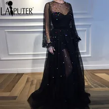 LAIPUTER трапециевидной формы с длинными рукавами, черные сеточные платья в горошек, вечерние женские вечерние платья с разрезом