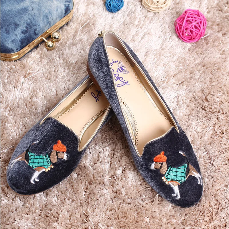

Footwear embroider dog loafers Ladies flattie flat shoes women Women's shoes velvet