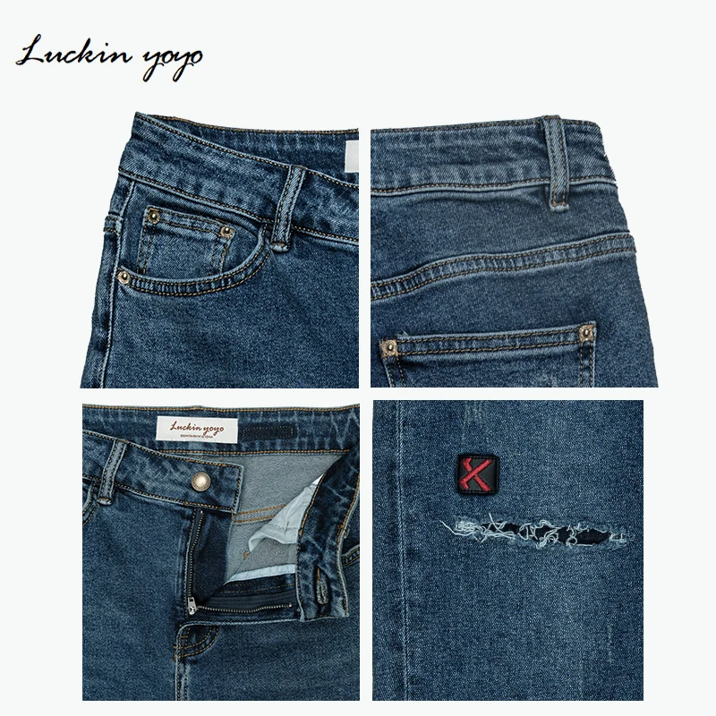 Luckin yoyo Women's High Waist Torn Denim Capri Blue Women Jeans False Ripped Patchwork Jeans Pant Casual Loose Boyfriend Jeans