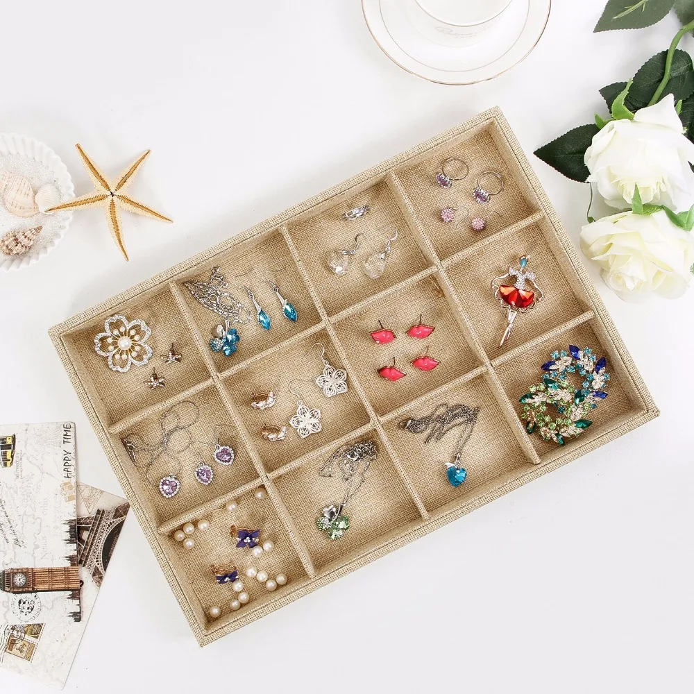 35x24cm Sackcloth Stackable 12 Grid Jewelry Tray Showcase Display
