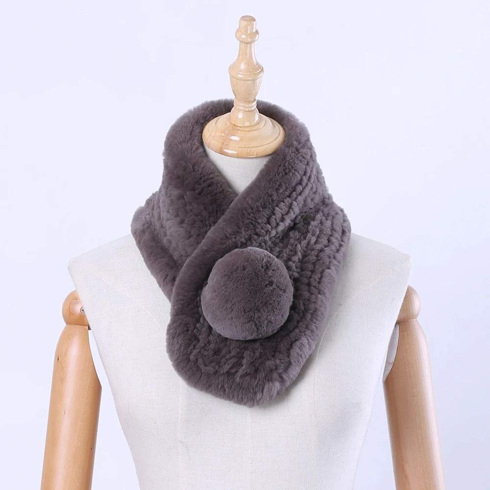 Fashion Scarf with Rabbit Fur Pom Poms Grey