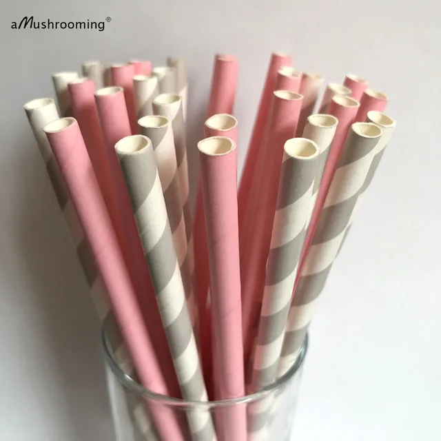 100 X Gray And Pink Elephant Theme Party Paper Straws 1st Birthday