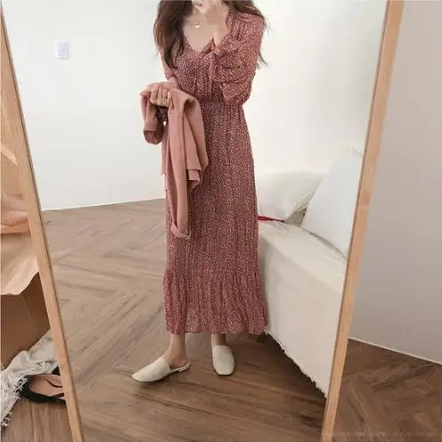 

2019 Spring Design Retro Dress Women Korean Style Long Sleeve V Neck Dresses Temperament Lady Ruffled Print Vintage Dress LJ324