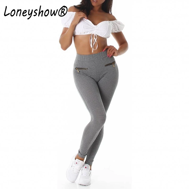 

Loneyshow 2017 New arrival Autumn Women Skinny Sweatpant Plaid Full Length Pants Elastic Waist Casual Pants With Pocket Zipper