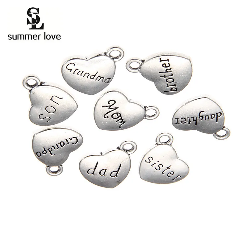 

Summer Love Hotselling Engraved Heart Mom Words Charms Alphabet Pendant Charm Family Son Brother Dad Antique Silver Plated 20Pcs