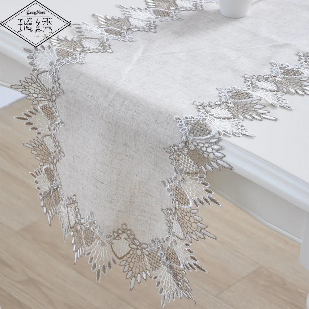 

Handmade Simple Modern Primary Color Linen Table Cloth Lace Embroidered Linen Tablecloth Tv Cabinet Dust Cover Home Table Runner