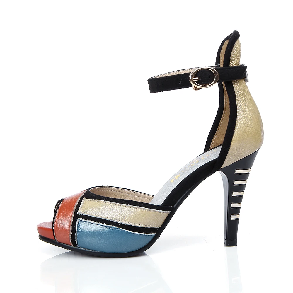 Модные женские босоножки из натуральной кожи на высоком каблуке; Абрикосовый Цвет; королевский синий/оранжевый цвет; элегантная обувь на платформе в стиле пэчворк; E069