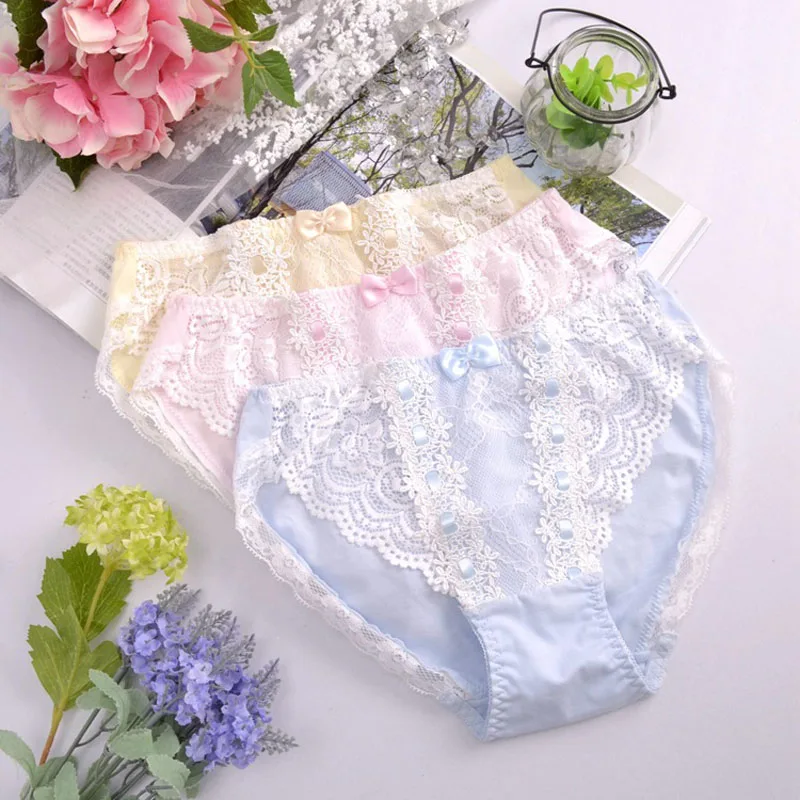 

2pcs 2016 New Girls Women Cute Lolita Kawaii Princess Panties Japan Fashion Lace Bow Pearls Underwear Sexy Brief W616