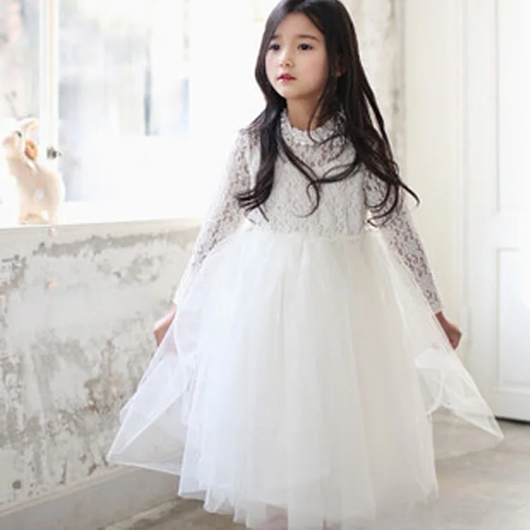 Nouvelles filles strass collier dentelle enfants robe à manches longues nœud papillon princesse Tutu robe enfants vêtements pour la fête, blanc/rose