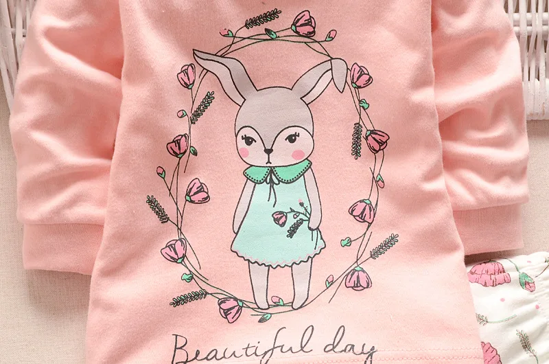 Рубашка+ брюки 2 шт./компл. новорожденных девочек Костюмы Осенняя одежда для маленьких мальчиков, комплект с длинными рукавами с милым кроликом; хлопковые пижамы