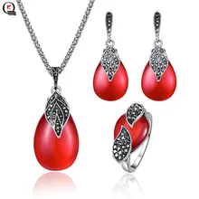 Винтажные серебряные женские Ювелирные наборы Красный Зеленый Натуральный камень кулон ожерелье Капля воды Серьги палец кольцо наборы
