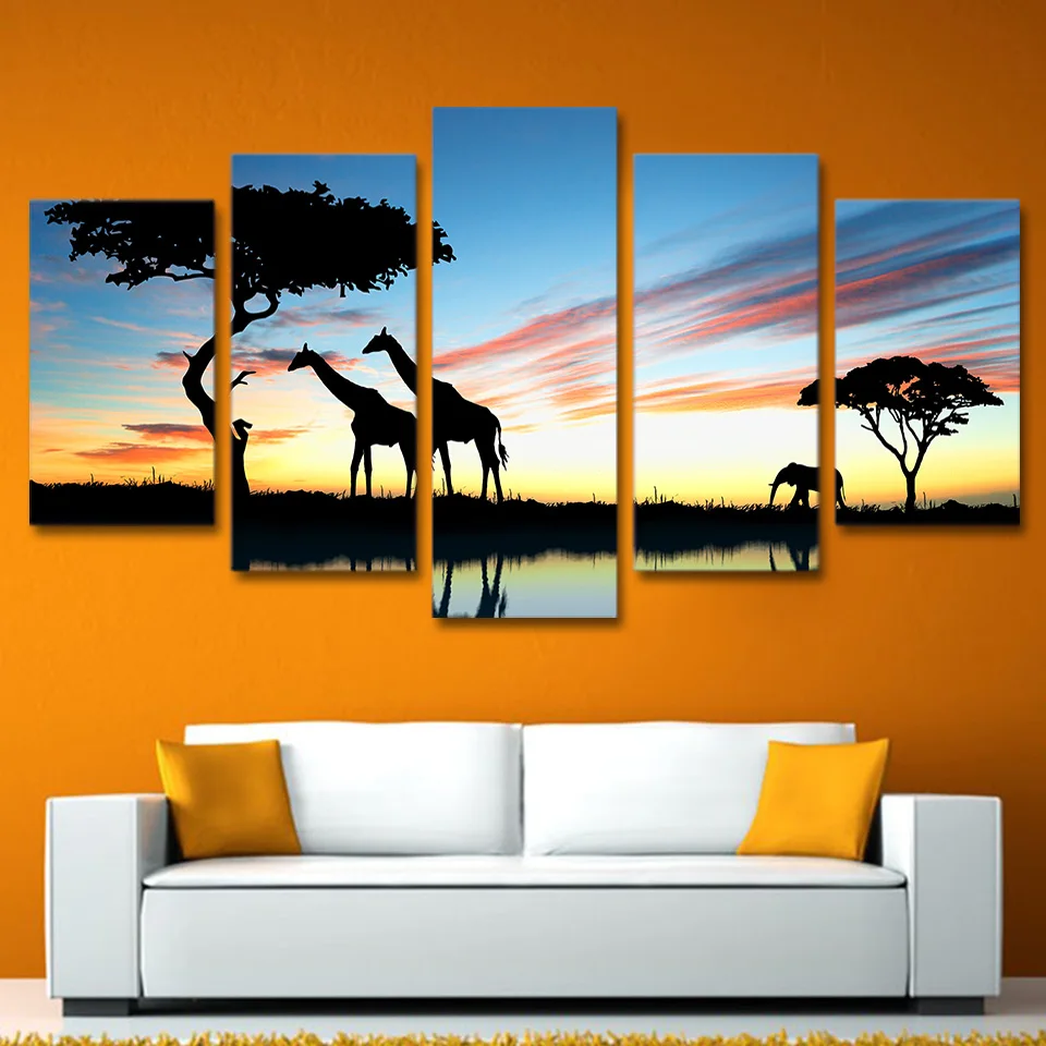 

Modern Painting On Canvas Home Decor Dusk View 5 PiecePcs Wild Giraffe Posters Frame Living Room Wall Art Pictures HD Printed