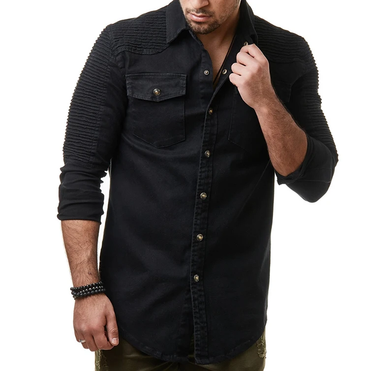 Spring autumn New Men Shirt Long Sleeve Male Shirt Cotton Solid color Fold Mens Shirts Casual Slim Fit Men coat black 3XL