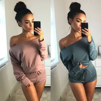 

Fashion Womens 2Pcs Set Off Shoulder Bodysuits Ladies Mini Shorts Playsuit Size Long Sleeve O Neck Pullover Skinny Hot