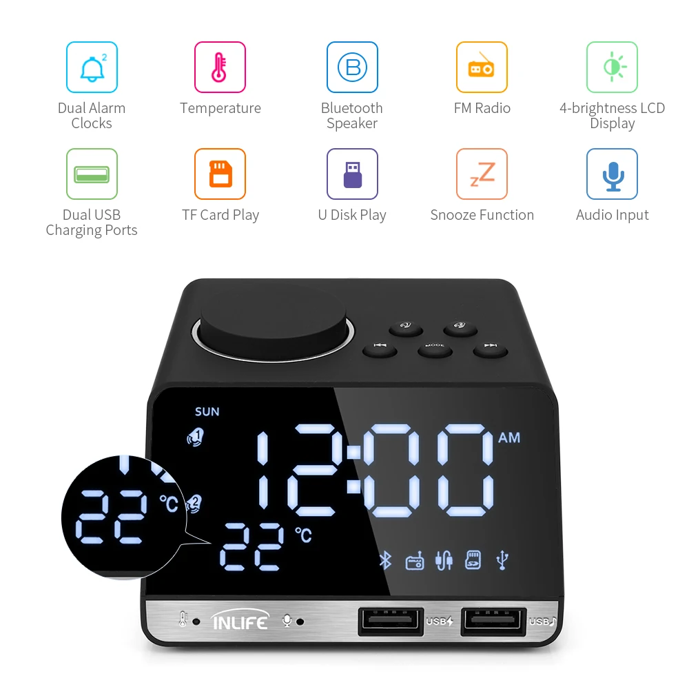 

Bluetooth 4.2 Radio Alarm Clock Speaker With 2 USB Ports LED Digital Alarm Clock Home Decration Snooze Table Clock High Quality