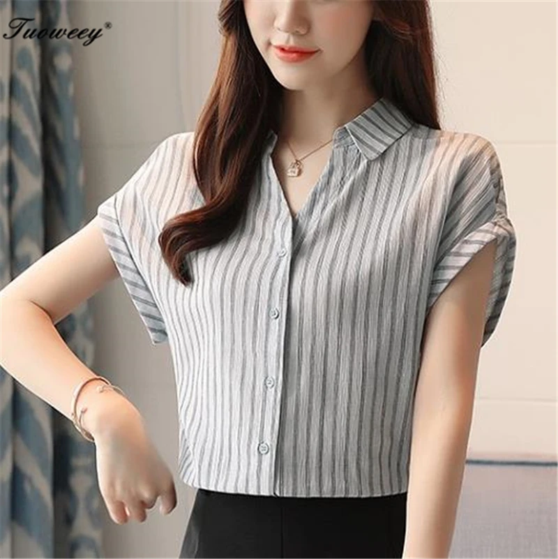 Women Casual Striped Blouse Ladies Blue V-Neck Seven Sleeve 2020 Summer Fashion Buttons Loose Tops And | Женская одежда
