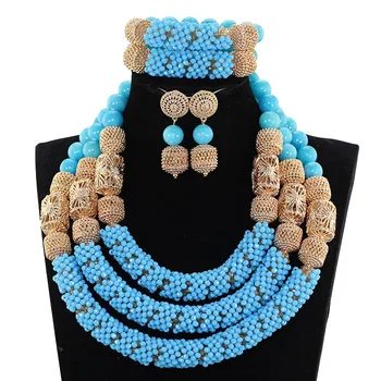 

African Blue Chunky Bib Beads Wedding Jewelry Sets Dubai Gold Bridal Crystal Statement Necklace Set Free Shipping WE155
