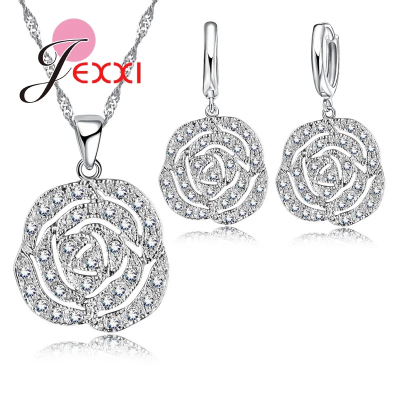 

Vintage Women Jewelry Sets For Anniversary Gifts Flower 925 Sterling Silver Cubic Zirconia Earrings Nekclace Jewelry Set