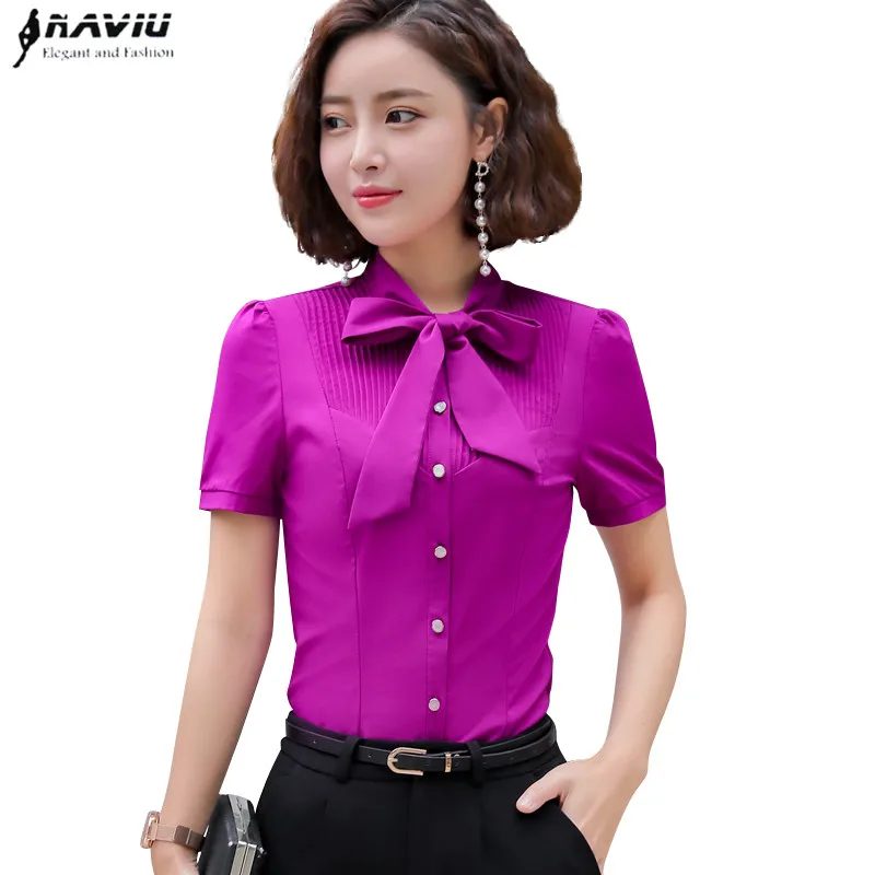 

2019 New Elegant women bow shirt Formal short sleeve slim chiffon blouses office ladies plus size work tops