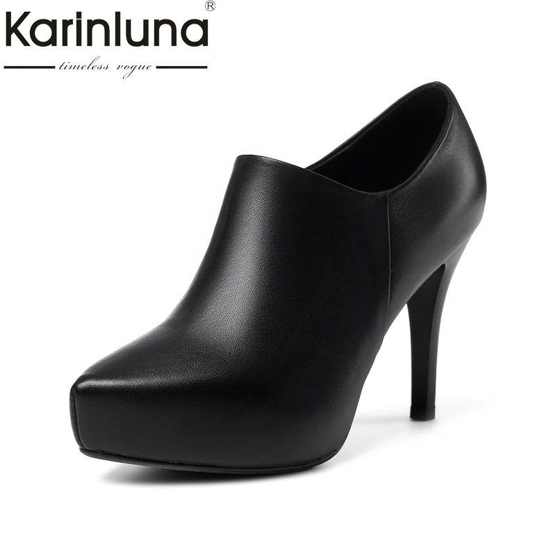 

Karinluna 2018 Spring Autumn Concise Elegant Genuine Leather Women Deep Pumps Hot Sale Black Solid High Heels Shoes Woman
