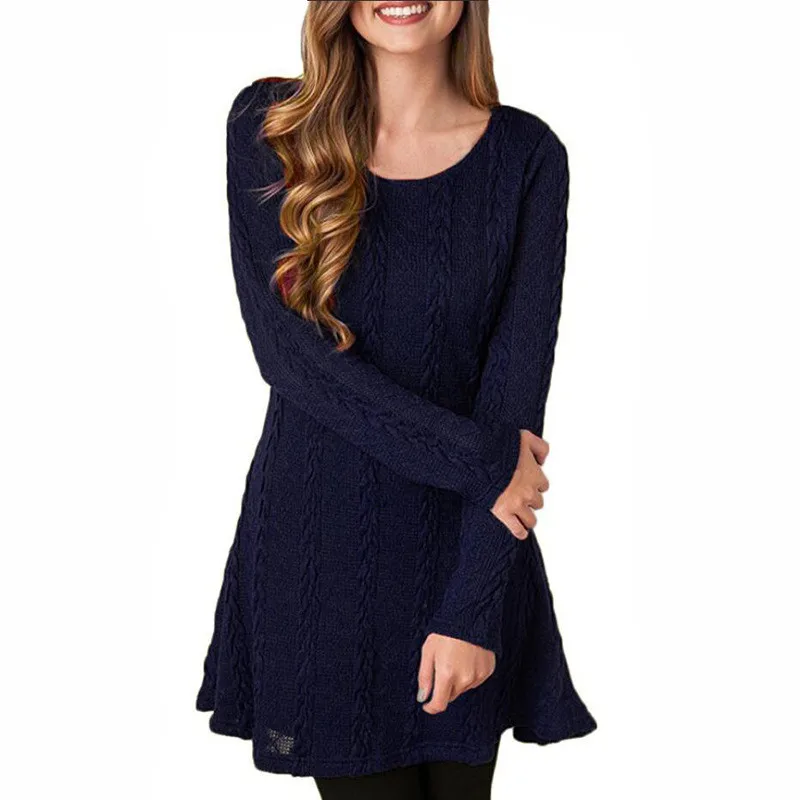 Long Sleeve Casual Knitted Sweaters Dresses O-Neck Solid Color Loose Mini Dress New Autumn S-5XL Plus Size Women Clothing Dress