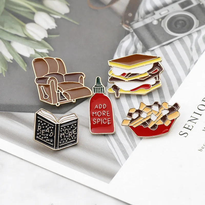 

Fashion Cute Books Sandwich Sofa Ketchup Brooch For Women Girls Cartoon Handbag Badges Jewelry Gifts