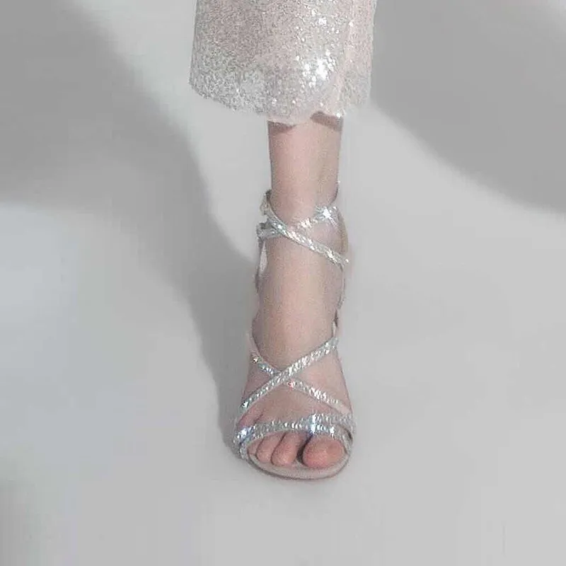 

2019 new rhinestone word with high heels female stiletto sexy wild Roman shoes cross straps fairy sandals