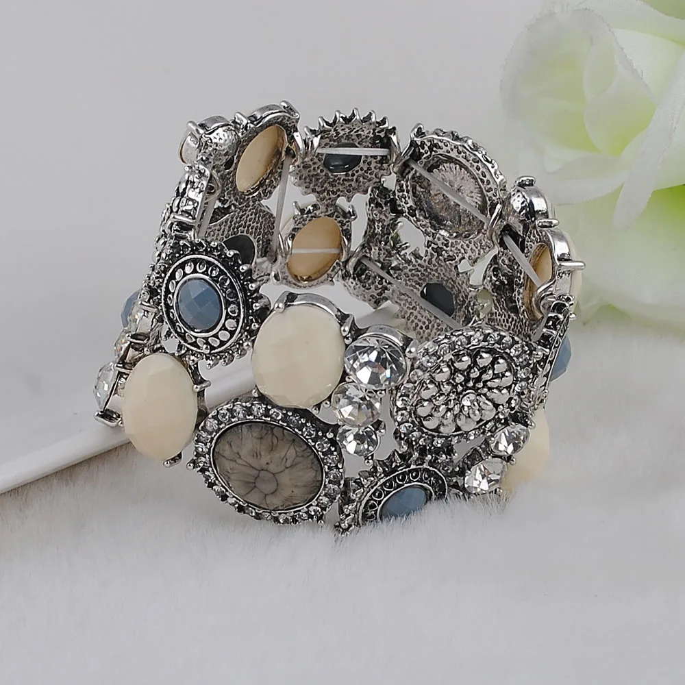 Турецкий растягивающийся браслет, изысканный ручной работы, резные цветы, античный посеребренный, имитация смолы, полный кристалл